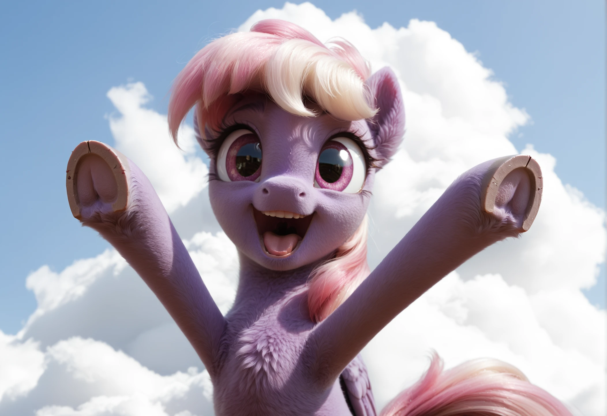 score_9, score_8_up, score_7_up, score_6_up, score_5_up, score_4_up, rainbowshine, pegasus, pony, mare, female, solo, portrait, rainbowshining, hooves in air, waving arms, underhoof, front legs in air, happy, sitting on cloud, cloud, joy, (looking up:1.2), detailed, beautiful, (fur:0.9), big eyes, realistic, photo, detailed, beautiful, detailed background, <lora:Rainbowshine:1>, <lora:Wholesome_MLP-v1.0:0.3>