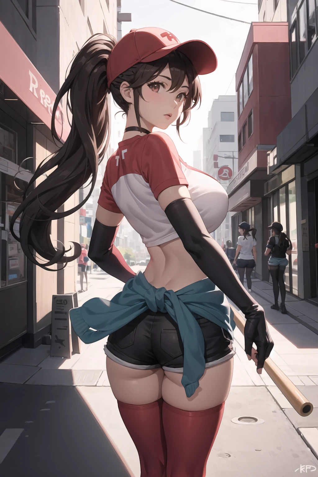 1girl, standing, looking at viewer, from behind, ass, <lora:FKPDSivir-000007:0.5>, fkpdsivir, long hair, brown hair, ponytail, baseball cap, crop top, large breasts, cleavage, shorts, thighhighs, clothes around waist, choker, elbow gloves, fingerless gloves, in public, on the streets, buildings in the background