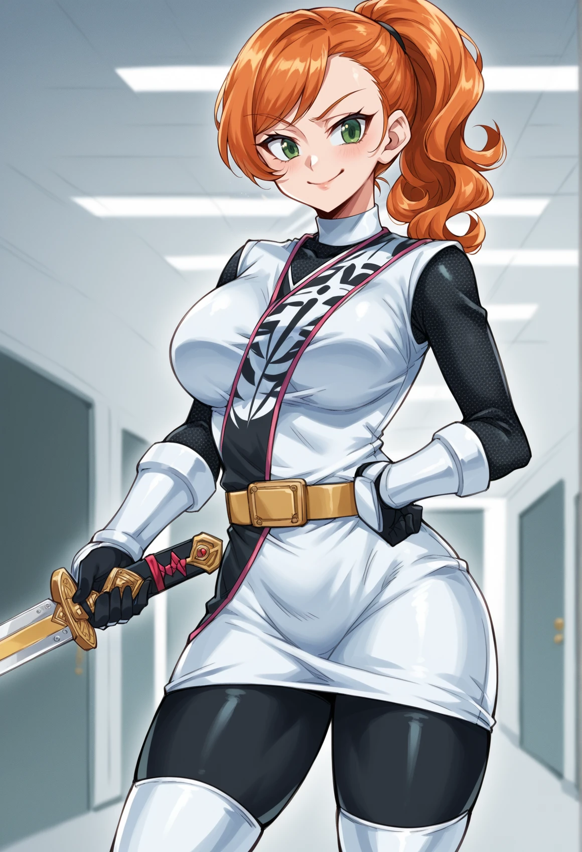 1girl, xolo, black bodysuit, bodysuit under clothes, short dress, white dress, belt, sleeveless, fishnets, fishet armwear, gauntlets, white gauntlets, black gloves, thigh boots, big breasts, orange hair, green eyes, curly hair, ponytail, smile, holding sword, cutlass, factory, confident, proud, smug, dynamic pose  <lora:shuriken_sentai_xl:1>, score_9, score_8_up, score_7_up, score_6_up, score_5_up, score_4_up, BREAK source_anime, masterpiece