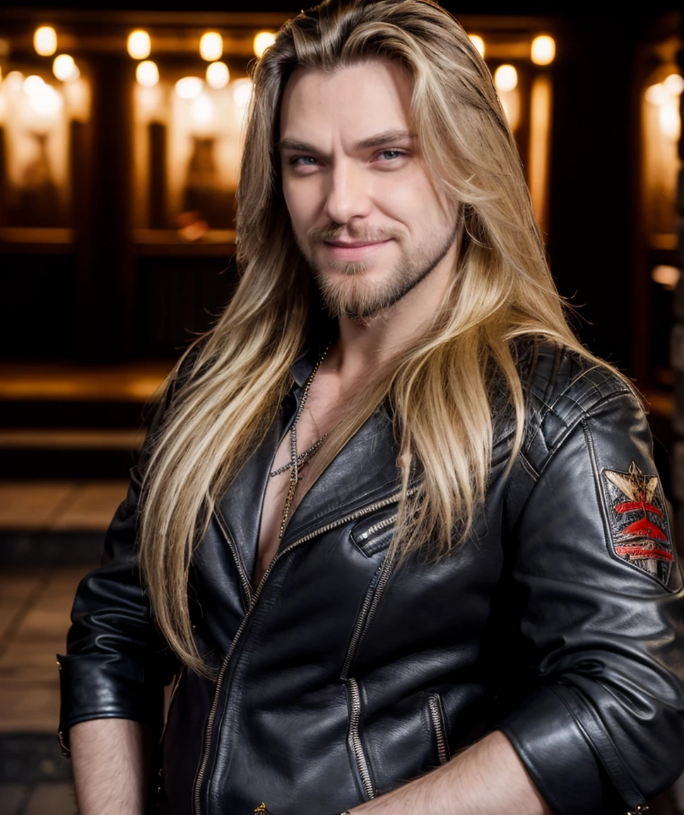 cinematic photo  <lora:quiron_eduFalaschi_v050320_Lora:0.87> eduFalaschiQuiron, solo, male focus, 1boy, long hair, realistic, looking at viewer,  blonde hair, smile, beard,   leather, black shirt, black jacket, (cinematic shot),    . 35mm photograph, film, bokeh, professional, 4k, highly detailed