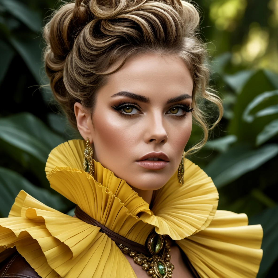 Masterpiece, raw photo, high quality, Rim Lighting, , Ruffs or collars, Earth Yellow, Enchanting garden path with lush vegetation, A portrait of a woman with dramatic eye makeup, dynamic hair, and a leather outfit, exuding elegance and intensity, art by Ellen von Unwerth8k, 16k, uhd, sharp lines, (lots of details:1.2), extremely detailed, absurdres, intricate detailed, cinematic scene, best quality, high detailed, ultra sharp, photorealistic, award winning,