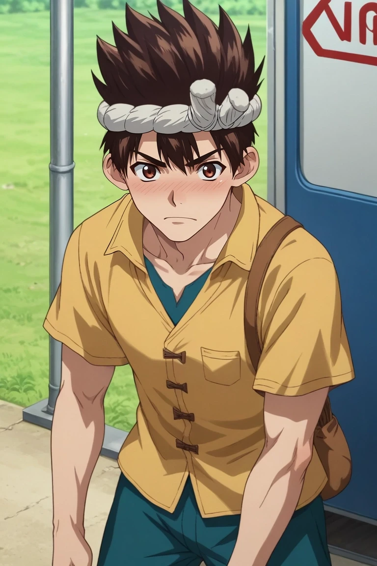 score_9, score_8_up, score_7_up, source_anime, rating_safe, , semi-realistic, looking at viewer, , 1boy, solo, male focus, <lora:chrome_dr_stone_pony:0.8>, chrome_dr_stone, brown hair, brown eyes, short hair, spiked hair, headband, wide angle, wide shot, cowboy shot, bus stop, day, squatting, embarrassed, nose blush, , <lora:sdxl_lightning_8step_lora:1>