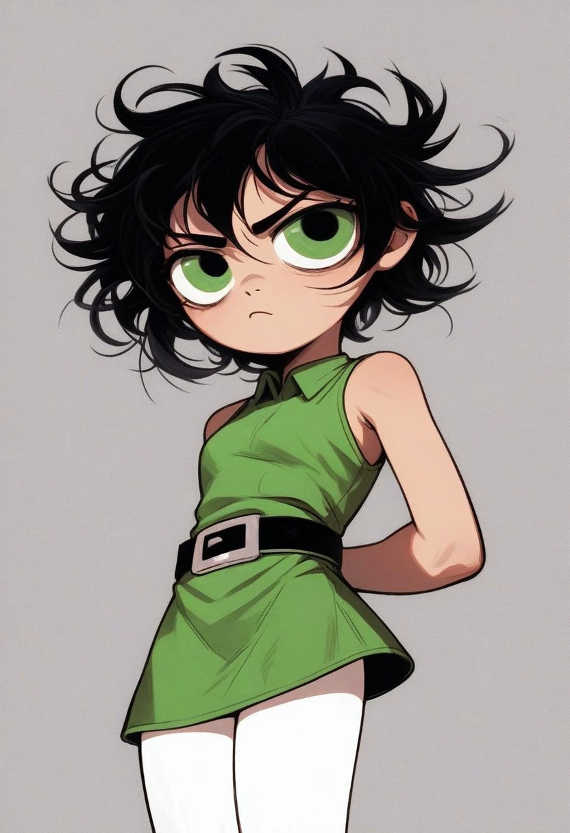 score_9, score_8_up, score_7_up, score_6_up, score_5_up, score_4_up, BREAK
1girl, buttercup (/PPG)/,(ultra HD quality details), black hair, short hair, (green eyes), messy hair, dress, short dress, light green dress, sleeveless, thick black belt, white pantyhose,