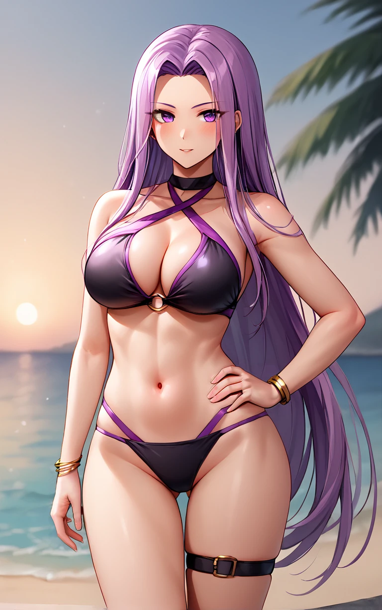 score_9, score_8_up, score_7_up, masterpiece, best quality, absurdres,  solo, BREAK
Bikini_Medusa_ownwaifu, 
1girl, absurdly long hair, purple hair, sidelocks, very long hair, purple eyes, large breasts, collarbone, forehead, parted bangs, hair intakes,
swimsuit, navel, cleavage, bare shoulders, thighs, halterneck, criss-cross halter, official alternate costume, bracelet, thigh strap, 
(contrapposto, hand on hip), sunset, sidelighting, outdoors, <lora:PonyXL_FateStayNight_MedusaRider_ownwaifu:1> , depth of field