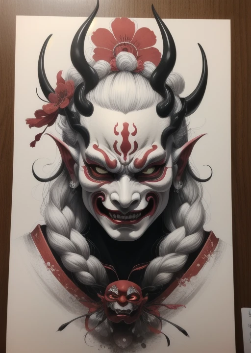 (ttatt:1.2),  japanese demon, (masterpiece:1.2), bw