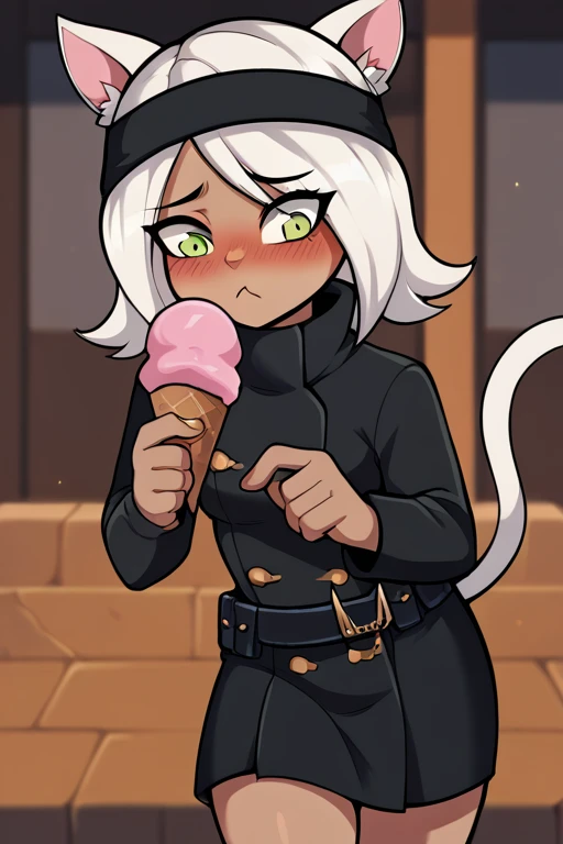 2D, score_9, score_8_up, score_7_up, BREAK, 1girl, solo, Whisk, white hair, cat ears, tail, green eyes, black trenchcoat, belt, blushing, ice cream<lora:EMS-448861-EMS:1.000000>