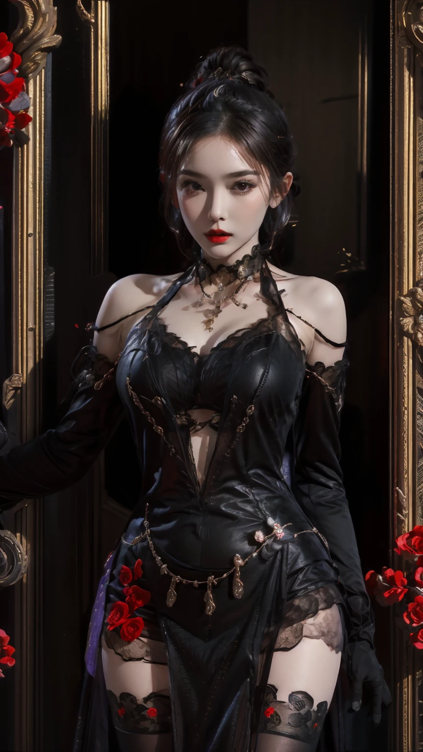 masterpiece,(bestquality),ultra-detailed,1girl,solo,hip up,upper body,<lora:ntmix1:0.7>,<lora:Midnight Kiss outfit:0.8>,Midnight Kiss outfit,lace,black stockings,gloves,red flower,jewelry,string chain,purple piece of shirt,