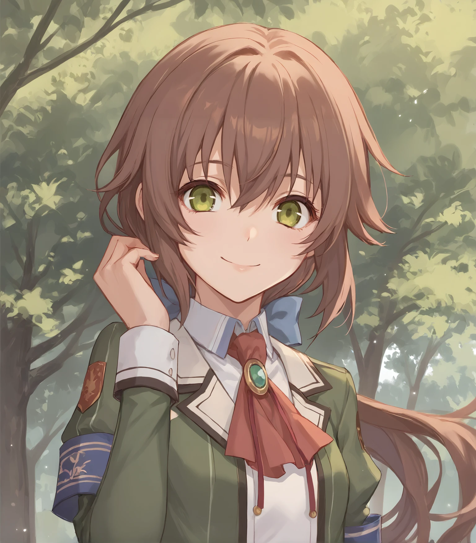 score_9, score_8_up, score_7_up, score_6_up, score_5_up, score_4_up, BREAK source_anime,
1girl, solo,  upper body, portrait ,  looking at viewer, smile, outdoors, sky, trees,
<lora:LDART_style_pony_v3:0.8>,  
 <lora:TowaHerschelCS1:0.9>, Towa Herschel, brown hair, low ponytail, hair ribbon, green eyes, petite, small breasts, school uniform, green jacket, long sleeves, red ascot, blue armband, plaid skirt, black pantyhose, brown shoes,