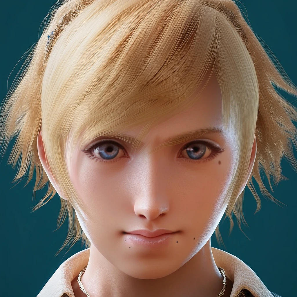 End_FF_XV, shirt, jewelry, simple background, blonde hair, looking at viewer, blue eyes, 1girl, solo, necklace, lips, realistic, mole, blue background, short hair BREAK score_9, score_8_up, score_7_up, score_6_up, score_5_up, score_4_up,