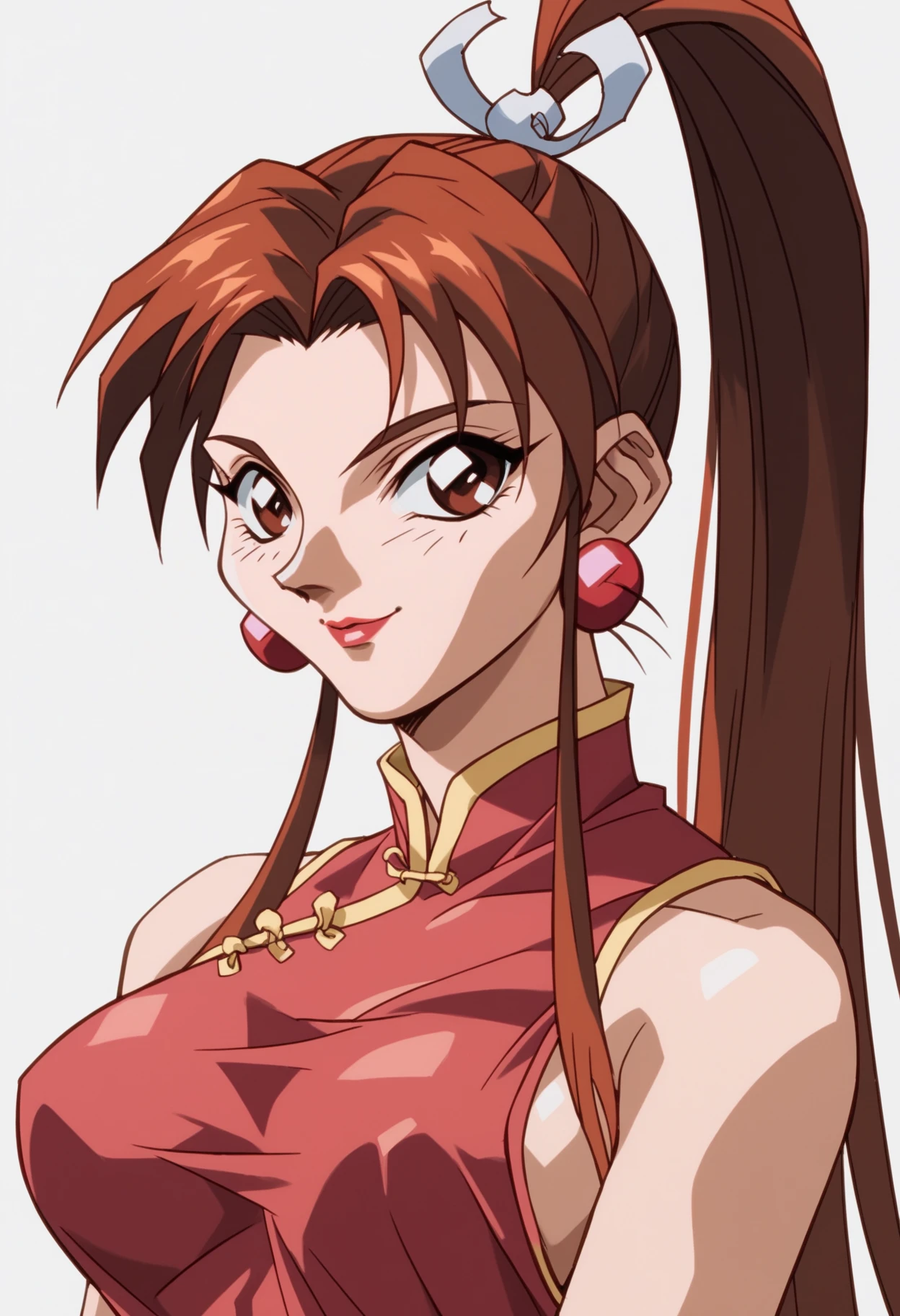 score_9, score_8_up, score_7_up, score_6_up, score_5_up, score_4_up, BREAK,
1990s \(style\),
maishiranui, 1girl, brown hair,  long hair, ponytail,  lipstick, makeup, earrings,
china dress, chinese clothes, large breasts,
upper body, smile, looking at viewer, solo, simple background, white background  <lora:MaiShrianuiXL:1>