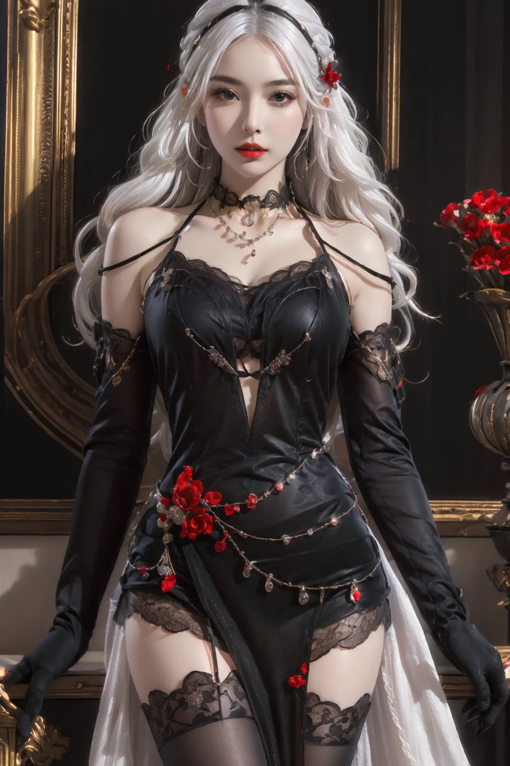 (masterpiece),(best quality),(ultra detailed),1girl,solo,hip up,closed mouth,Midnight Kiss outfit,lace,black stockings,gloves,red flower,jewelry,string,chain,purple piece of shirt,BREAK
long hair,(white hair color:1.05)<lora:EMS-443313-EMS:0.600000>, <lora:EMS-449478-EMS:0.700000>