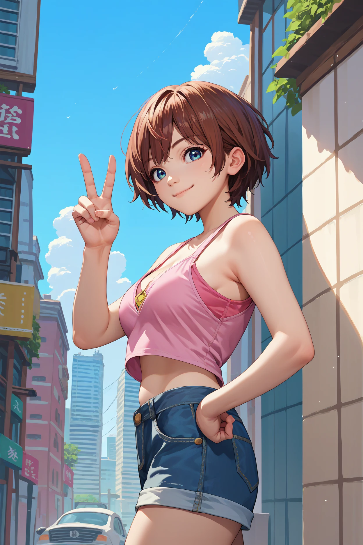 score_9, score_8_up, score_7_up, score_6_up, source_anime, 1girl, solo  <lora:sblily-pdxl-nvwls-v1-000005:1> sblily, brown hair, short hair, blue eyes, pink tank top, denim shorts, medium breasts, cleavage, from side, peace sign, closed mouth, happy, blue sky, city, looking at you