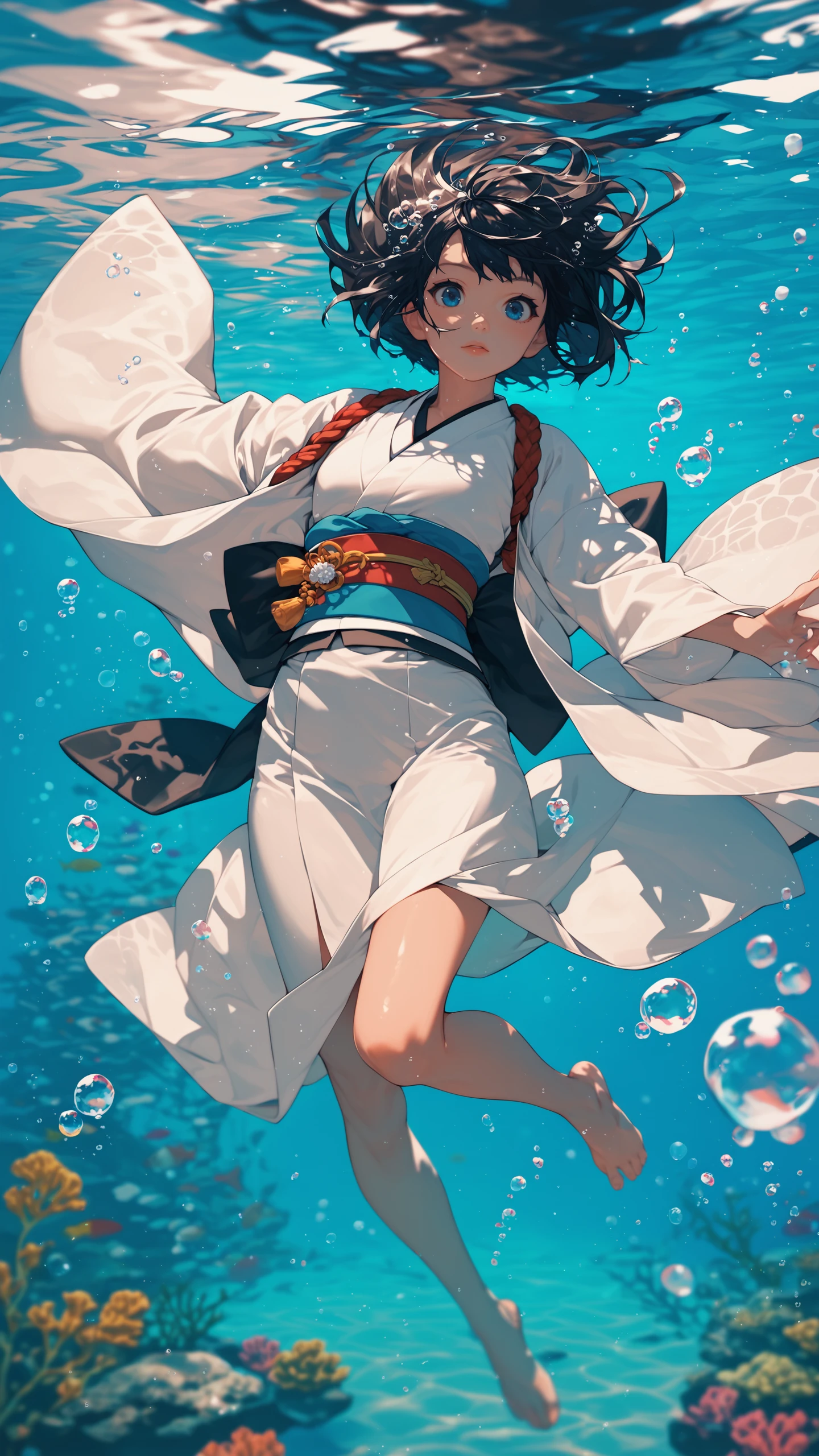 Anime girl in white dress floating in the water with a white umbrella ...