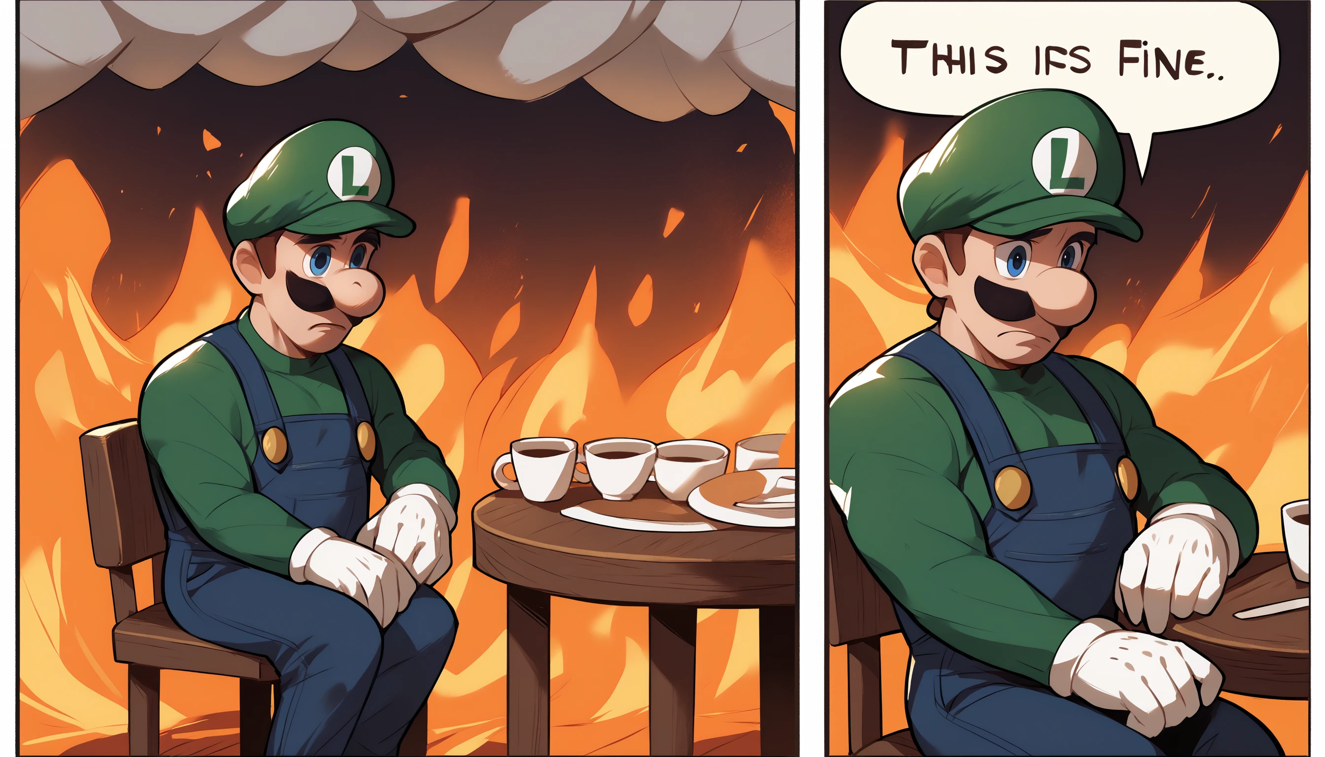 score_9, score_8_up, score_7_up, 2koma, comic, fire, sitting, speech bubble, burning, table, chair, cup, <lora:ThisIsFine_pdxl_Incrs_v1:1>, <lora:Luigi_XLPD:1> Incrsluigi, luigi, green headwear, blue overalls, white gloves, long sleeves, muscular, sad,