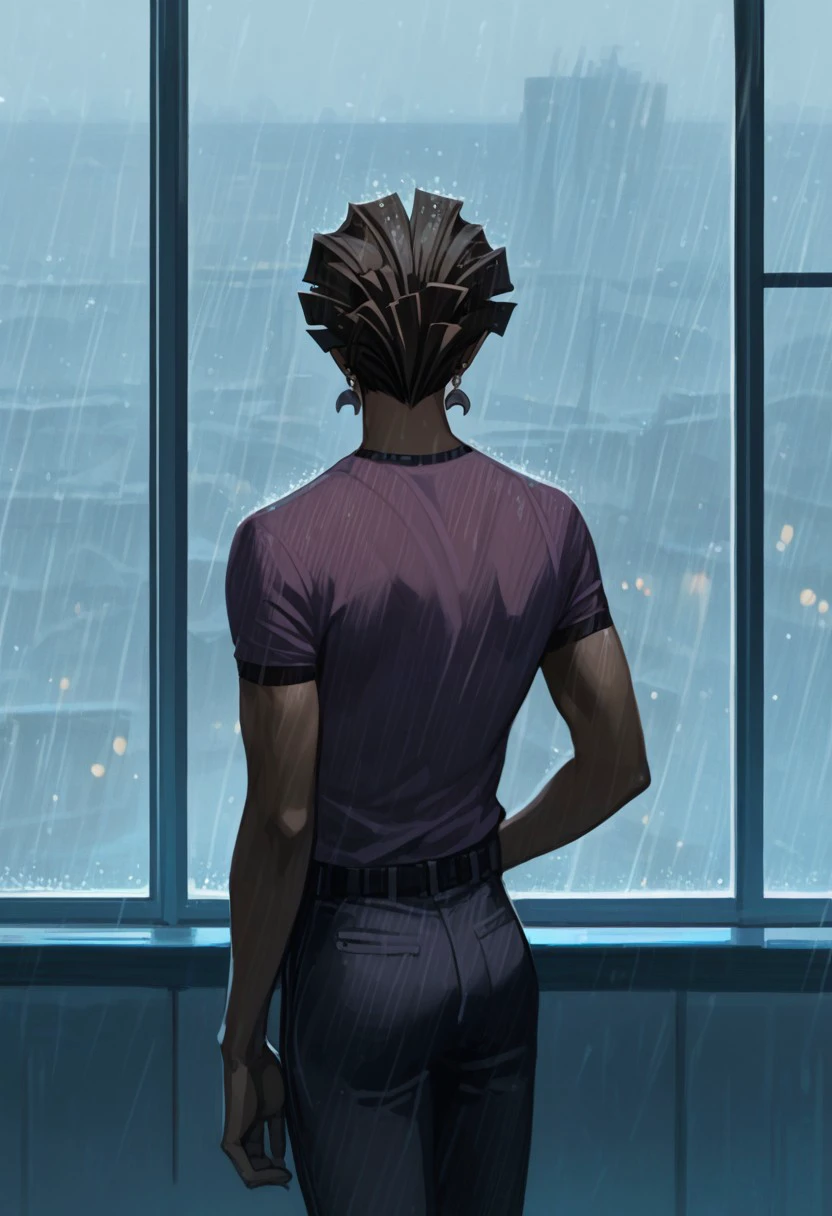 red, score_9, score_8_up, score_7_up, source_anime, rating_safe, raining, dark, Azutail, 1boy, male focus, grey Azuma earrings, purple shirt, pants, beside window, cropped off legs, hands with five fingers, blurry outdoors sky, from behind, gloomy, realistic lighting,