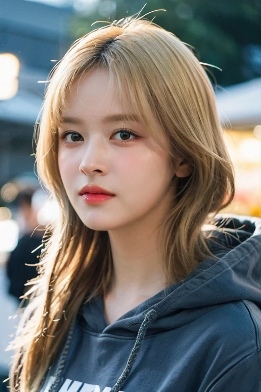 masterpiece, best quality, ultra-detailed, ultra high res, (photorealistic:1.4), raw photo, (realistic:0.2), 8k HDR, realistic lighting, looking at viewer, 1girl, solo, asymmetrical blonde hair, outdoor, sky, (traditional market:1.2), bokeh, (detailed lips), (detailed pores), (detailed skin textures), (detailed face:1.2), (body:1.2), a woman in a hoodie, cowboy shot,