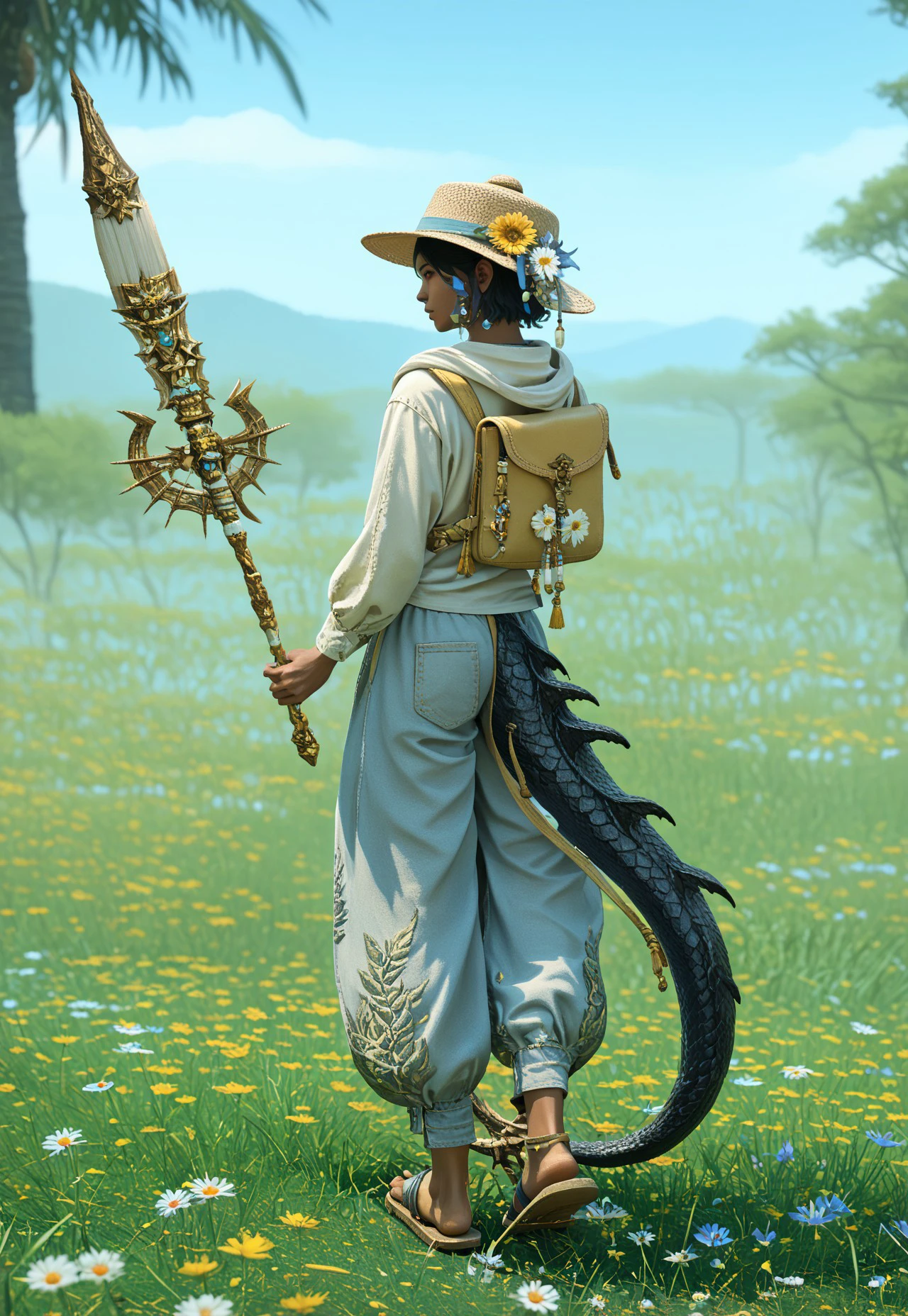 end_pictomancer_ffxiv, solo, 1girl, tail, au ra, outdoors, from behind, dragon tail, sky, day, depth of field, pants, standing, full body, blue sky, sandals, paint brush, looking back, flower, hat, black hair, short hair, holding, walking, scales, horns, dark skin, grass, profile BREAK score_9, score_8_up, score_7_up, score_6_up, score_5_up, score_4_up,