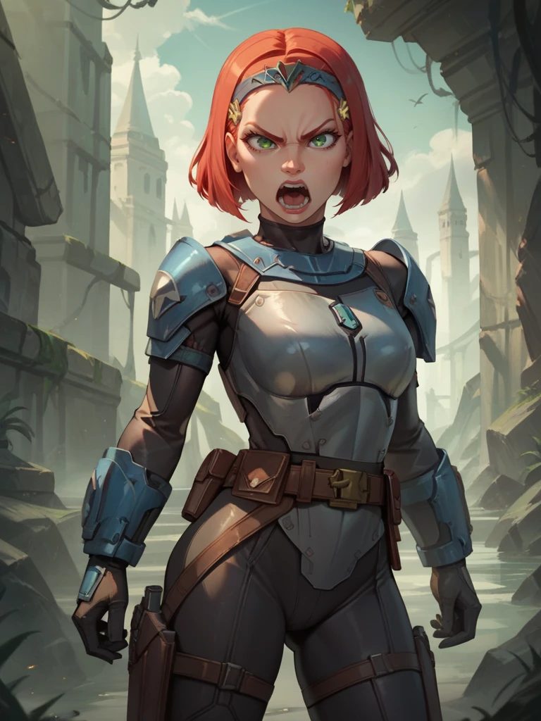 score_9, score_8_up, score_7_up, high quality, masterpiece, BoKatan, 1girl, green eyes, bodysuit, leg armor, gloves, belt, bracers, holsters, boots, shoulder armor, short hair, red hair, hair ornament, open mouth, angry, ruined city
<lora:BoKatan-120reps-pt2:0.8>