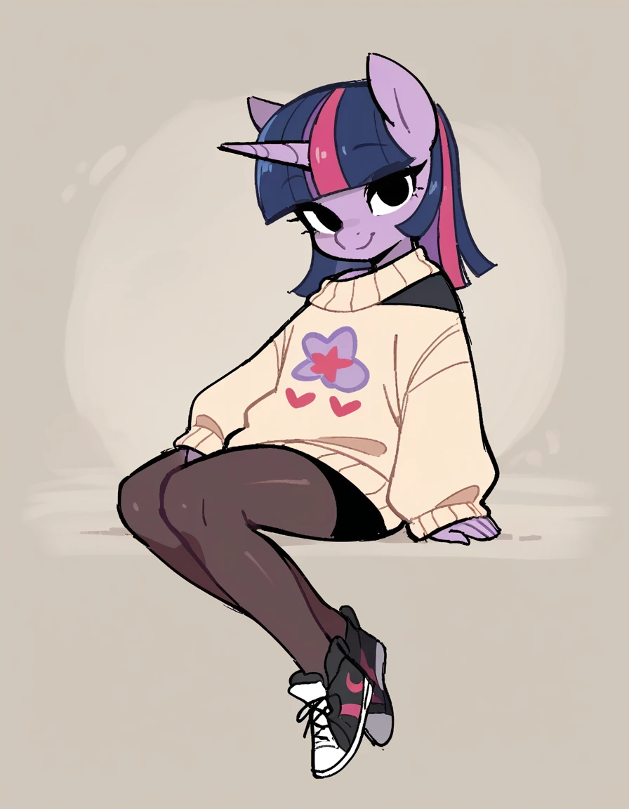 score_9, score_8_up, score_7_up, score_6_up, score_5_up, score_4_up, solo, 1girl, solo,
<lora:StickySweet_v0:0.9> stkyswt, flat color, sketch, oversized sweater, sneakers, pantyhose, seductive smile, upright_straddle, looking at viewer, black eyes, source_furry, anthro pony girl, \(mlp\),  Twillight Sparkle, anthro