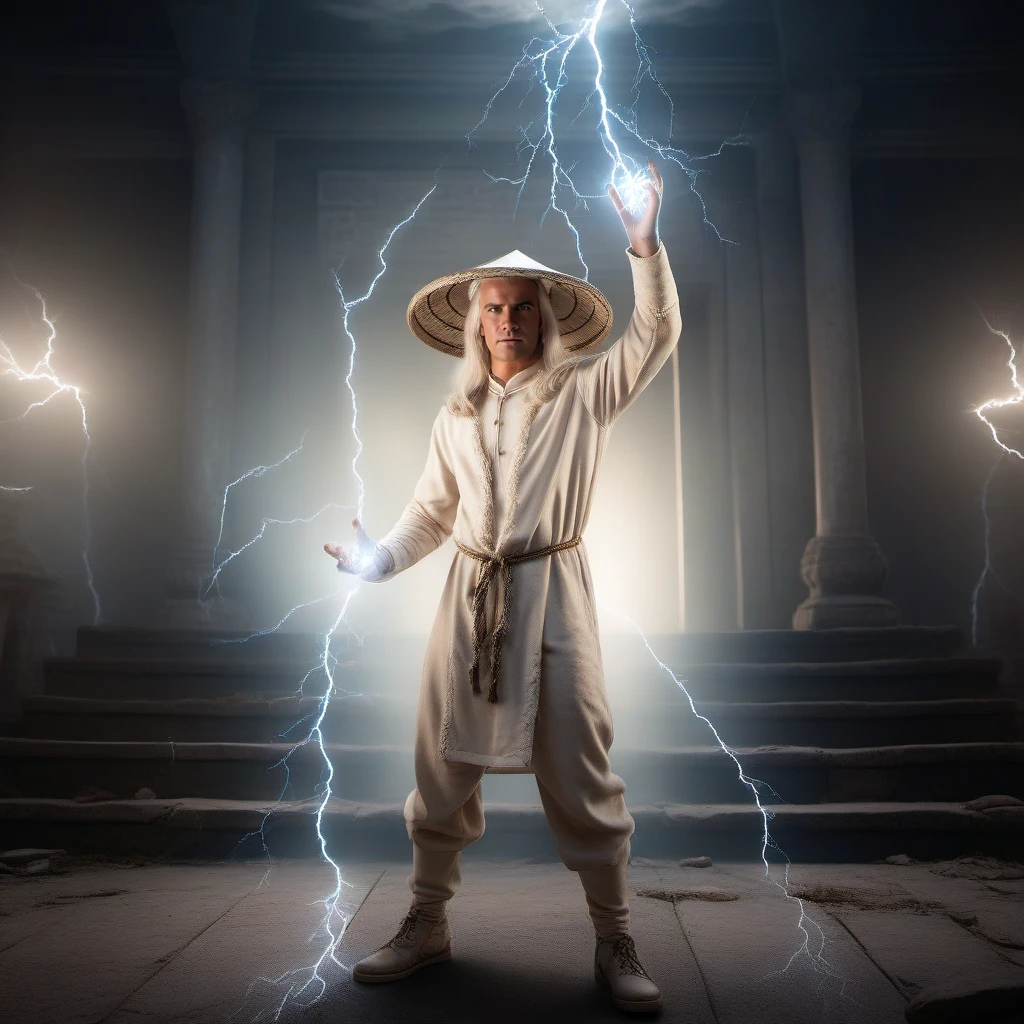 cinematic film still a full body portrait 1boy, male focus, dressed in white, hat, casting electricity lightning spell with his hands,  long white hair, glowing white electric eyes, in a temple in ruins <lora:Raiden1995-1024:0.8> . shallow depth of field, vignette, highly detailed, high budget, bokeh, cinemascope, moody, epic, gorgeous, film grain, grainy