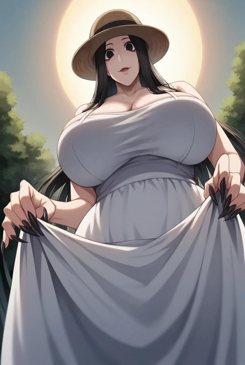 <lora:Hachishakusama-10:1> Hachishaku, hachishakusama, huge breasts, cleavage, white dress, sundress,  hat, fingernails, solo, black eyes, black hair, long hair, looking at viewer, long fingernails, sharp fingernails, tall female,  horror \(theme\),  sun hat, black nails, (outdoors), dress lift,  pov, from below, female pubic hair,, 16k, masterpiece, absurdes, highly detailed, highres, high quality, best quality, score_9, score_8_up, score_7_up, score_6_up