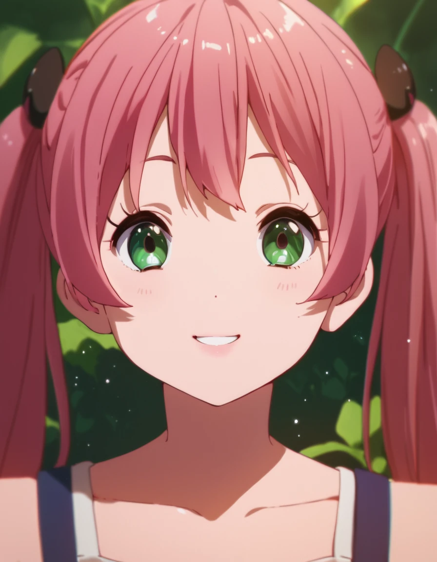 score_9, score_8_up, score_7_up, score_6_up, score_5_up, score_4_up, source_anime,  Satone, green eyes, pink hair, twintails, , soft smile, portrait