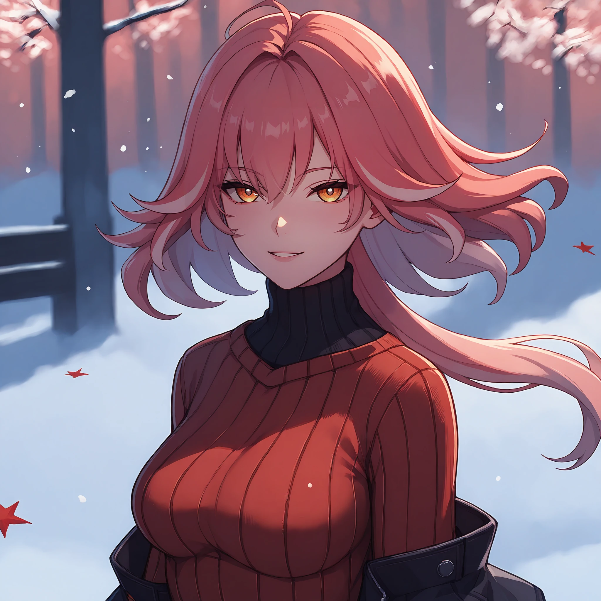 score_9, score_8_up, score_7_up,  <lora:changliWuWaV2x3:0.7>changlix,1girl, orange eyes, multicolored hair, sweater, floating hair, , outdoor, warm and cool tones,  winter landscape, looking at viewer, upper body, half body,