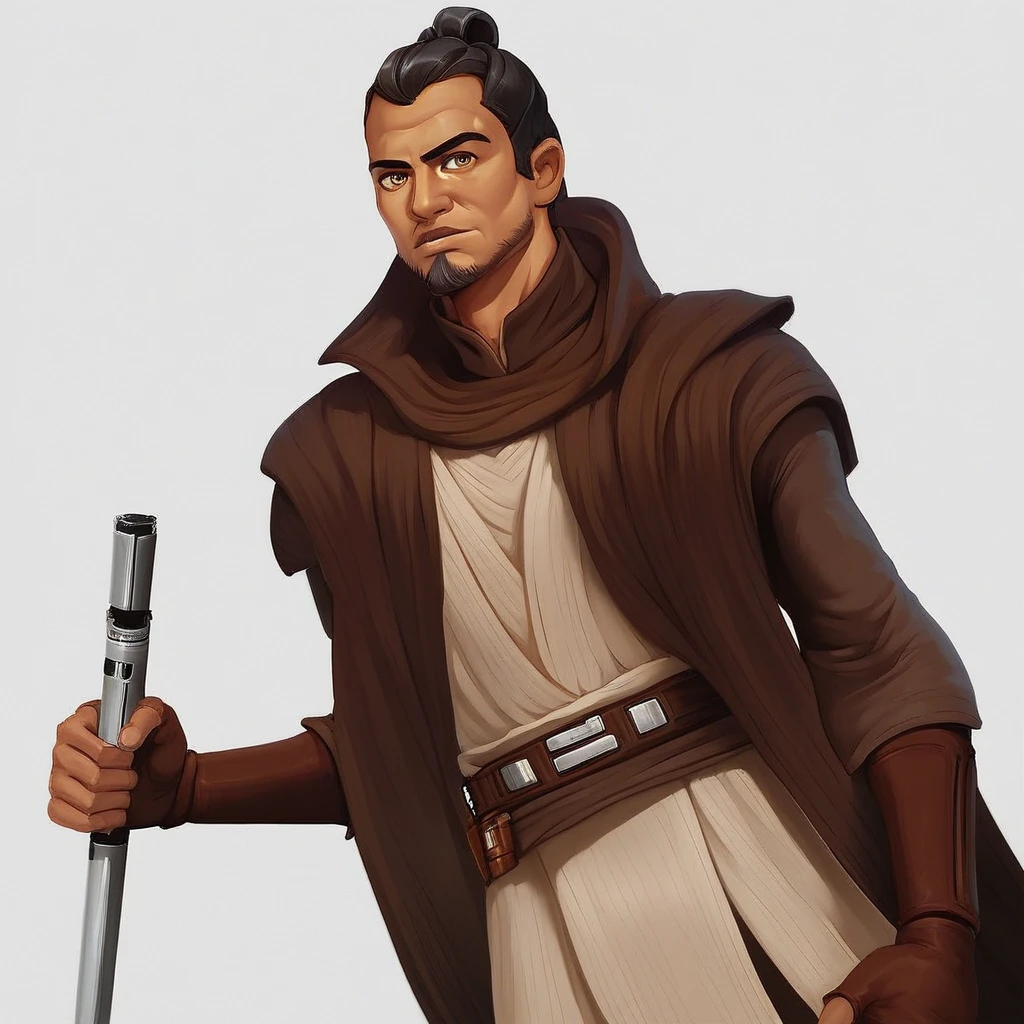 score_9, score_8_up, score_7_up, Syfo-Dias, Star Wars, Jedi,  solo, looking at viewer, simple background, brown hair, black hair, white background, 1boy, male focus, belt, facial hair, high collar, general