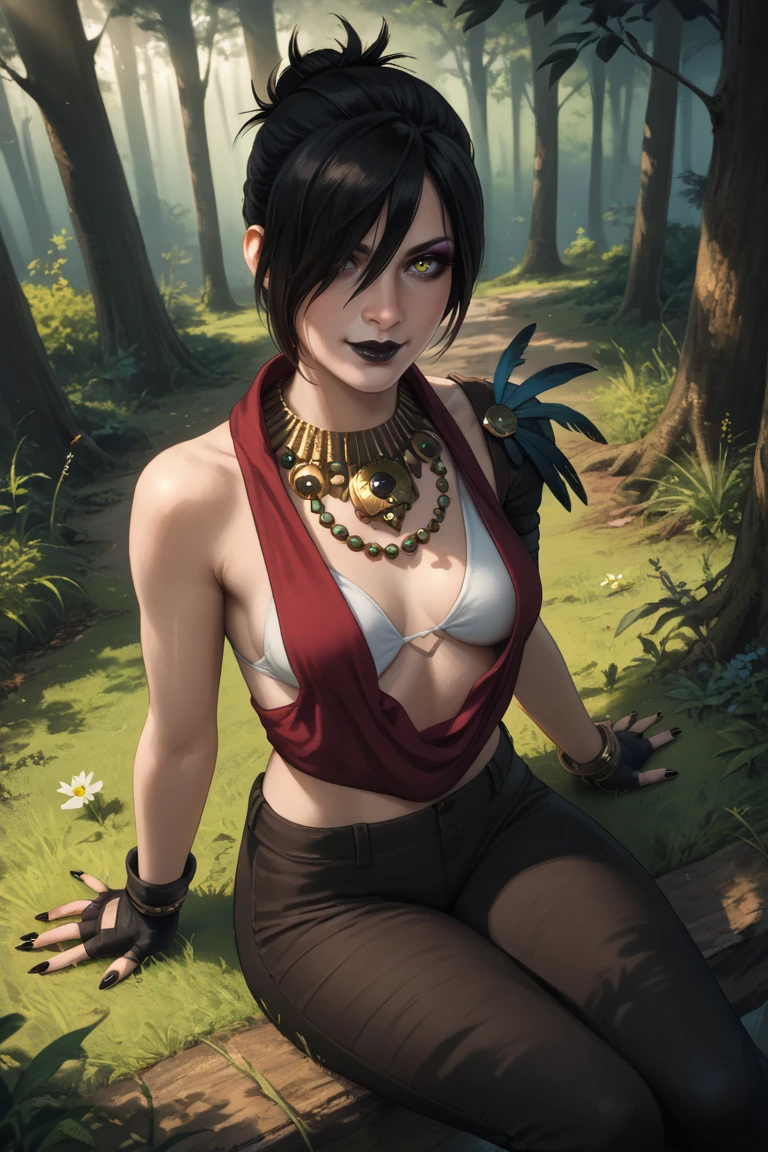 score_9, score_8_up, score_7_up,  1girl, solo, cowboy shot,
<lora:MorriganDwnsty-000006:1>, morrigan_da, black hair, yellow eyes, hair over one eye, short hair, hair bun, jewelry, necklace, make up, nail polish, black nails, black lips, fingernails, fingerless gloves, eyeshadow, lips, bikini top only,  string bikini, tight pants, feathers, uneven sleeves, 
 medium breasts, smile, center opening, smile, sitting, knee up, from above, dutch angle, anklet, feet, toenails, 
outdoors, nature,forest, grass, wind, bush, sunlight, day,