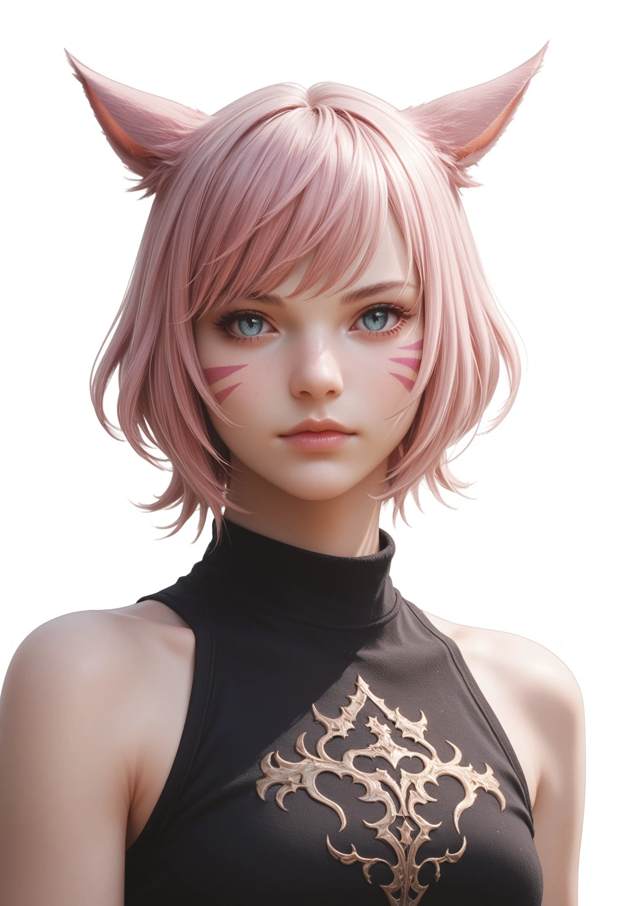 end_xiv_world, 1girl, solo, animal ears, short hair, miqo'te, cat ears, white background, simple background, upper body, facial mark, lips, looking at viewer, pink hair, bare shoulders, black shirt, crop top, final fantasy xiv, fantasy, score_9, score_8_up, score_7_up, score_6_up, score_5_up, score_4_up,