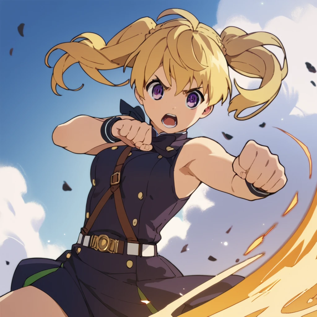 score_9, score_8_up, score_7_up, score_6_up, score_5_up, score_4_up, source_anime,  MitsubaSangu, blonde hair, twintails, purple eyes, , action pose