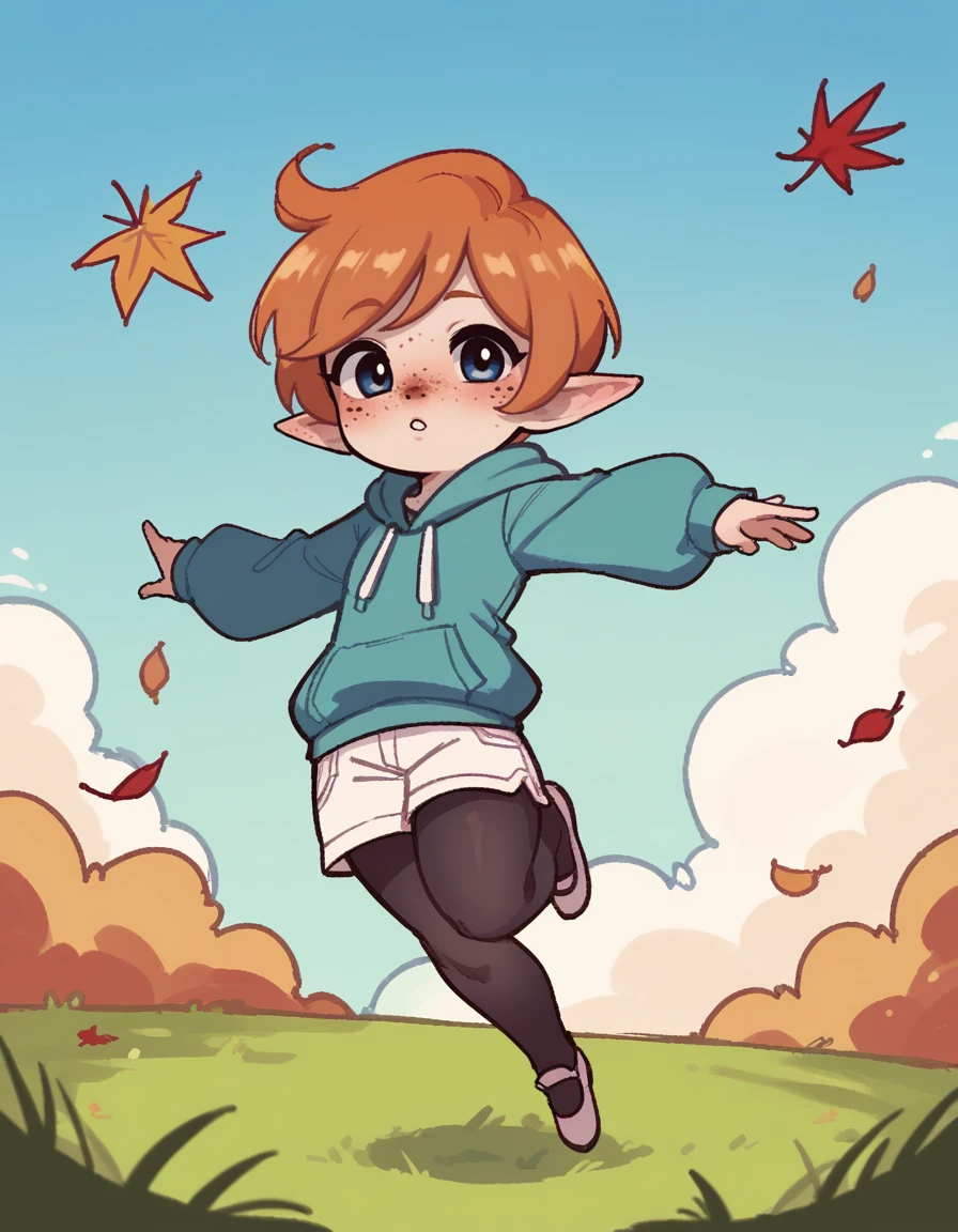 score_9, score_8_up, score_7_up, score_6_up, score_5_up, score_4_up, solo, 1girl, solo, sky, grass, cloud, falling leaves,
<lora:StickySweet_v0:0.9> stkyswt, flat color, sketch, hoodie, shorts, Mary Janes, pantyhose, giggling, outstretched leg, shortstack, looking at viewer, <lora:Popipi_v1:0.6> popipi, (lalafell), blue eyes, dark nose, freckles, orange hair, short hair, pointy ears, swept bangs,