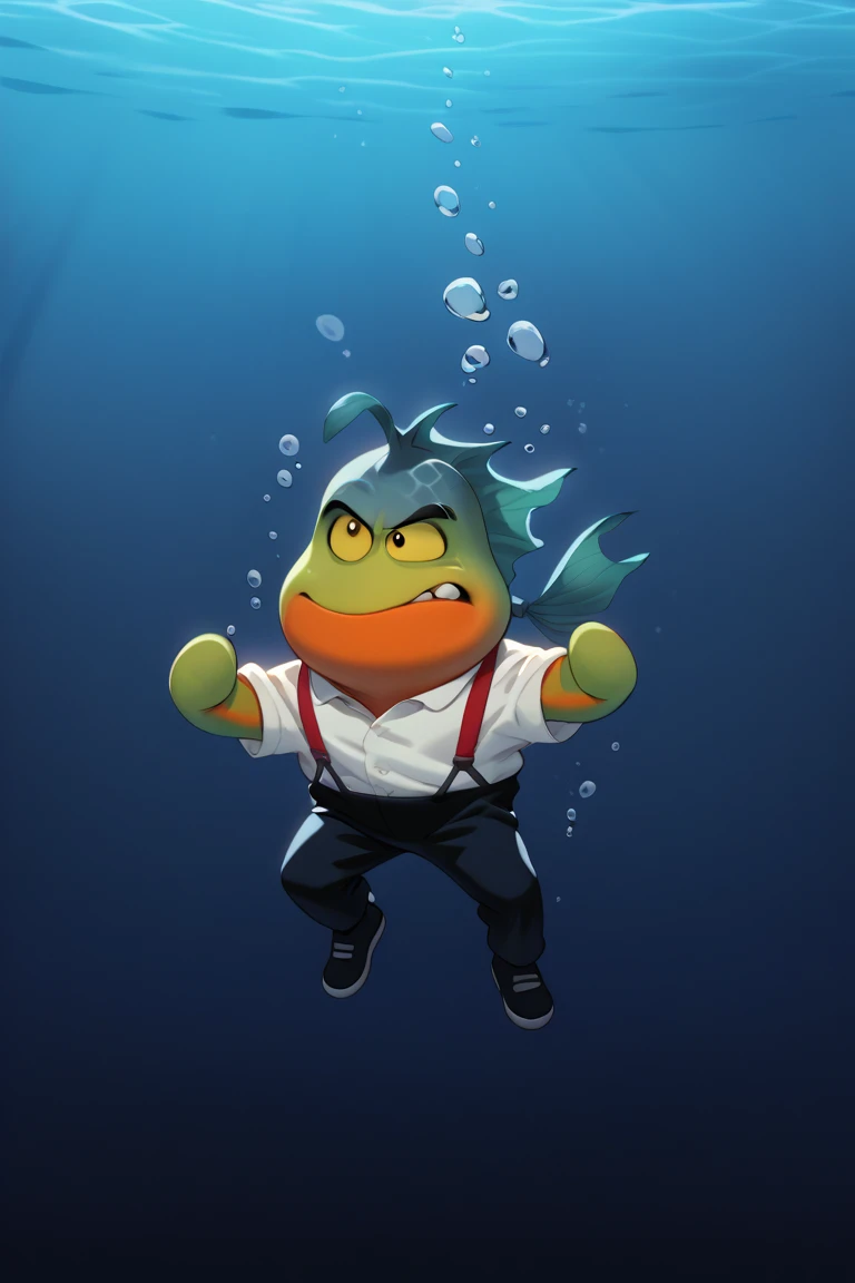 score_9, score_8_up, score_7_up, MrPiranha, anthro, biped, bottomwear, clothing, concept art, dreamworks, fish, green body, marine, mr. piranha (the bad guys), official art, pants, piranha (fish), serrasalmid, shirt, simple background, solo, suspenders, taylor krahenbuhl, the bad guys, topwear, swimming underwater, exploring a shipwreck, treasure chest in the background, holding a diving helmet, looking curious,alkemanubisStyle