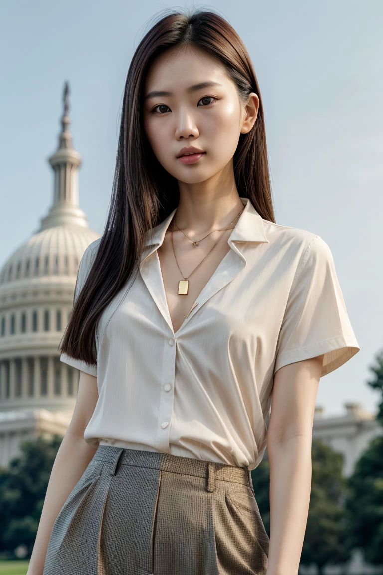 Asian woman, closeup, (shirt), pants, (disney castle), pearl necklace , KM_chantana, wide shoulders, perfect face, (contact iris: 1.1), pale skin, skin pores , depth of field