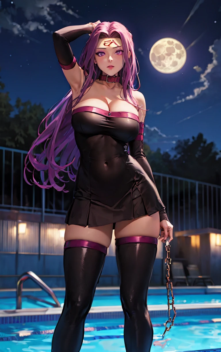 (masterpiece, best quality:1.4), insaneres, absurdres, solo, looking at viewer,BREAK 
MainNoMask_Medusa_ownwaifu, 
1girl, absurdly long hair, purple hair, sidelocks, very long hair, facial mark, forehead mark, purple eyes, collar, large breasts, collarbone, bangs, parted bangs, forehead, jewelry, shiny,
detached sleeves, strapless dress, bare shoulders, black dress, cleavage, short dress, black thighhighs, chain, black sleeves, covered navel, zettai ryouiki, thighs,
(contrapposto, arms behind head), neon_lights, cityscape, night, pool, full moon, outdoors, <lora:ANIME_FateStayNight_MedusaRider_ownwaifu:0.9> , depth of field