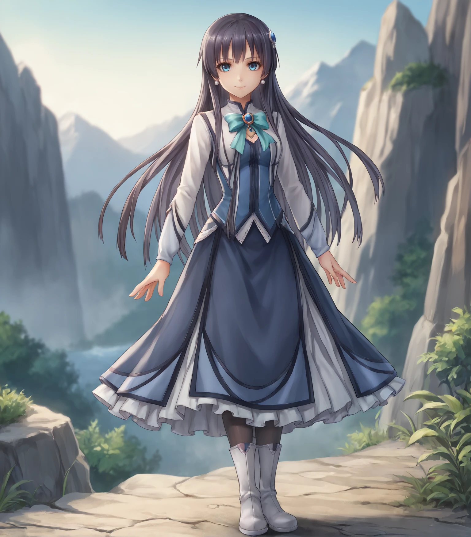 score_9, score_8_up, score_7_up, score_6_up, score_5_up, score_4_up, BREAK source_anime,
1girl, solo,  <lora:EliseSchwarzer:0.9>, Elise Schwarzer, blue eyes, long hair, black hair,  medium breasts, hair ornament, jewelry, pearl earrings, blue dress, white sleeves, white boots, black pantyhose, 
outdoors, distant mountains, looking at viewer, full body shot , smile,
<lora:Racoonkun_Artist_Style:0.6>, racoonsan,,