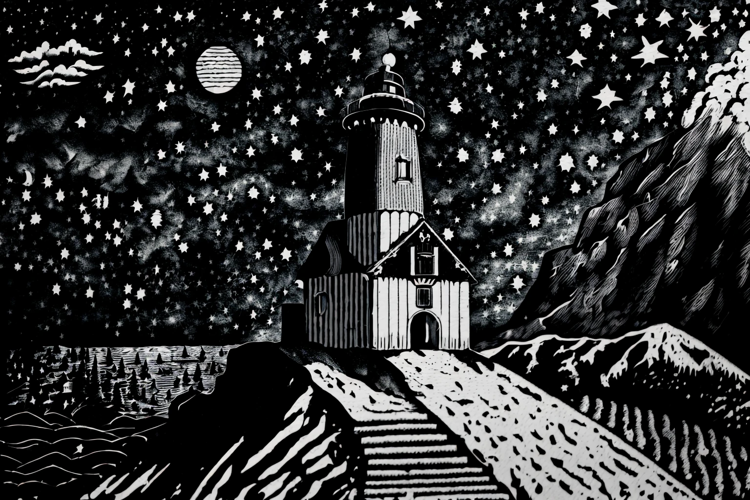 (((woodcut, monochrome))), masterpiece, ultra-detailed, best quality, illustration, 8k cg wallpaper, an extremely delicate and beautiful, stunning landscape, beach, lighthouse, moon, stars, clouds, intricately detailed items in background, <lora:WEE:1>