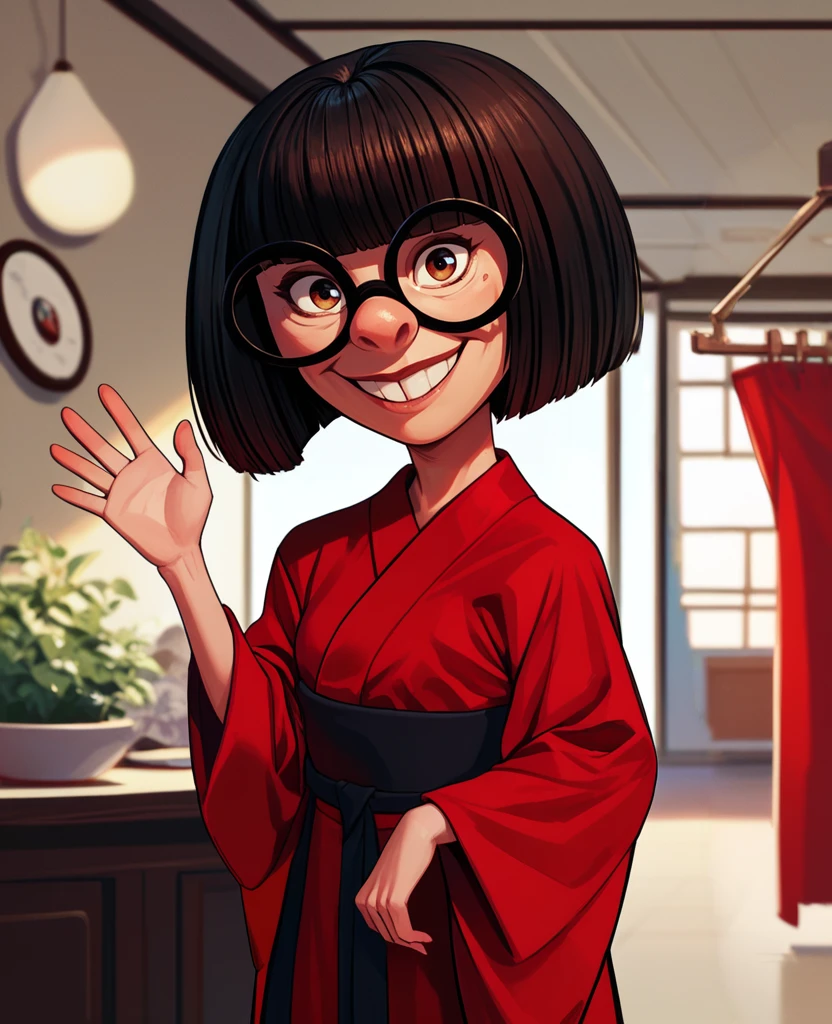 score_9,score_8_up,score_7_up,score_6_up,
ednamodexl,glasses,short hair,bob cut,
red kimono,waving,smile,
standing,looking at viewer,
indoors,solo,
<lora:Ednaxl:1>,