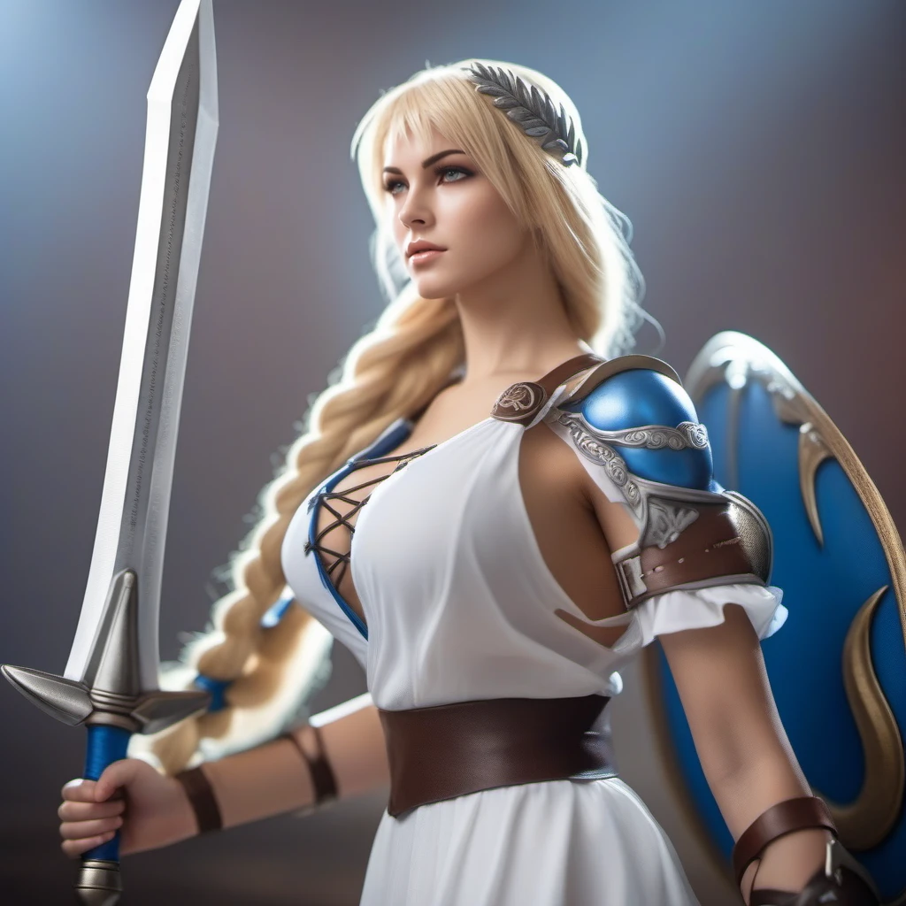 cinematic photo 1girl, blond long hair, breasts, braid, cleavage, sandals, sword, shield  <lora:Sophita1024:0.8> . 35mm photograph, film, bokeh, professional, 4k, highly detailed