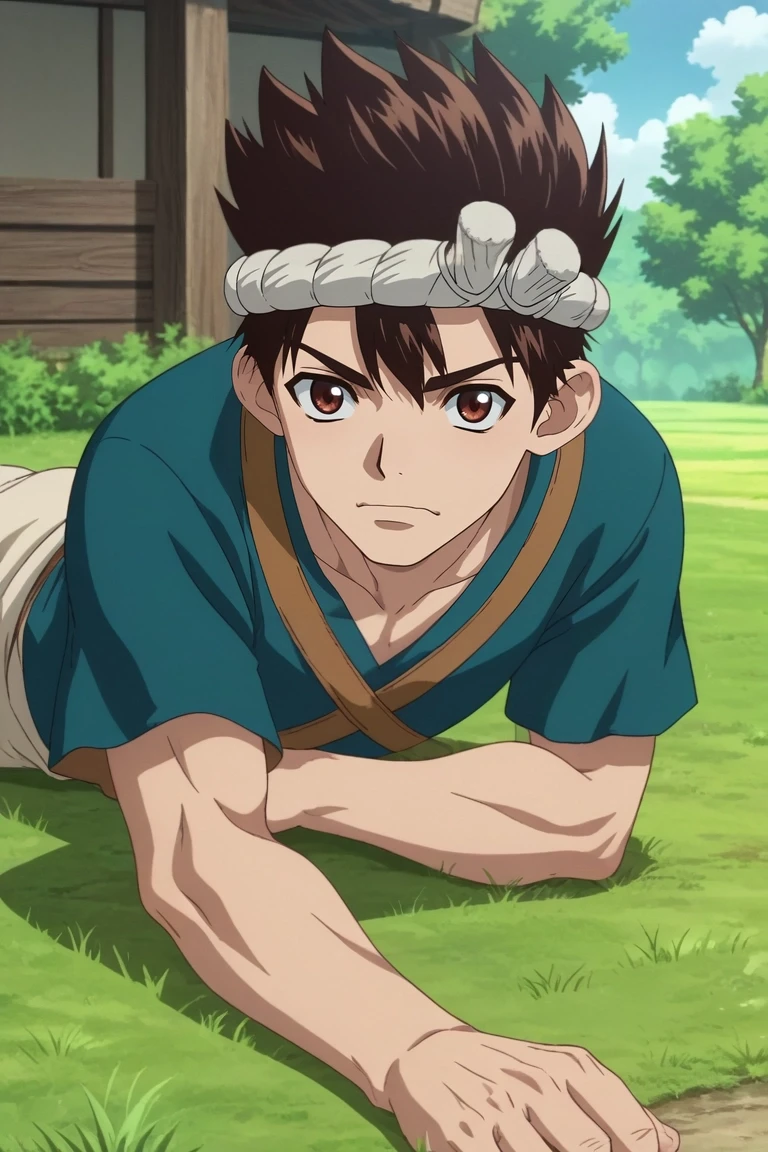 score_9, score_8_up, score_7_up, , rating_safe, intricate details, anime screencap, anime coloring, , looking at viewer, , 1boy, solo, male focus, <lora:chrome_dr_stone_pony:0.76>, chrome_dr_stone, brown hair, brown eyes, short hair, spiked hair, headband, asymmetrical, grass, tree, indoors, dark, lying, on stomach, wavy mouth, , hat, <lora:sdxl_lightning_8step_lora:1>