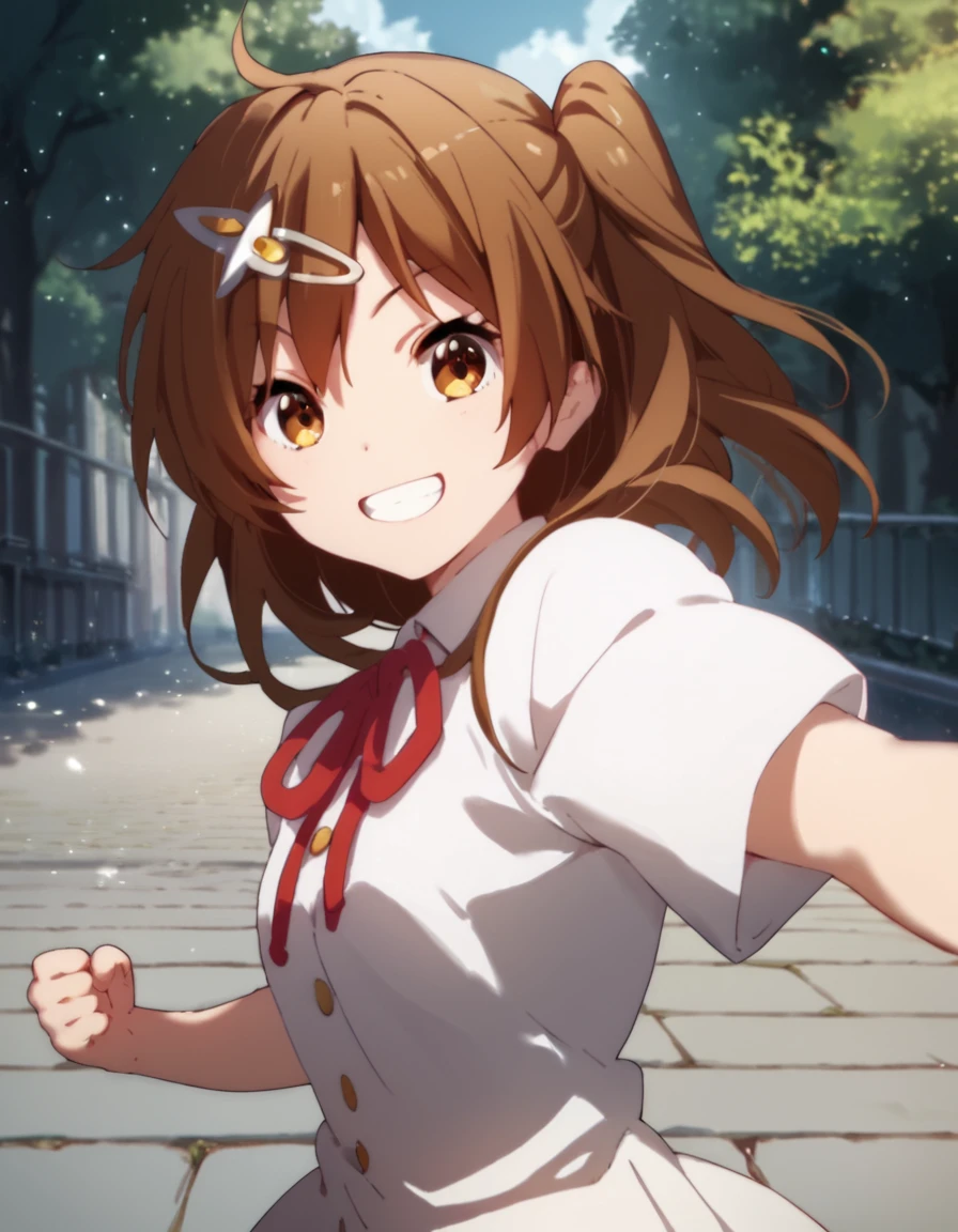 score_9, score_8_up, score_7_up, score_6_up, score_5_up, score_4_up, source_anime,  Shinka, brown eyes, brown hair, hair ornament, one side up, , soft smile, school uniform, action pose