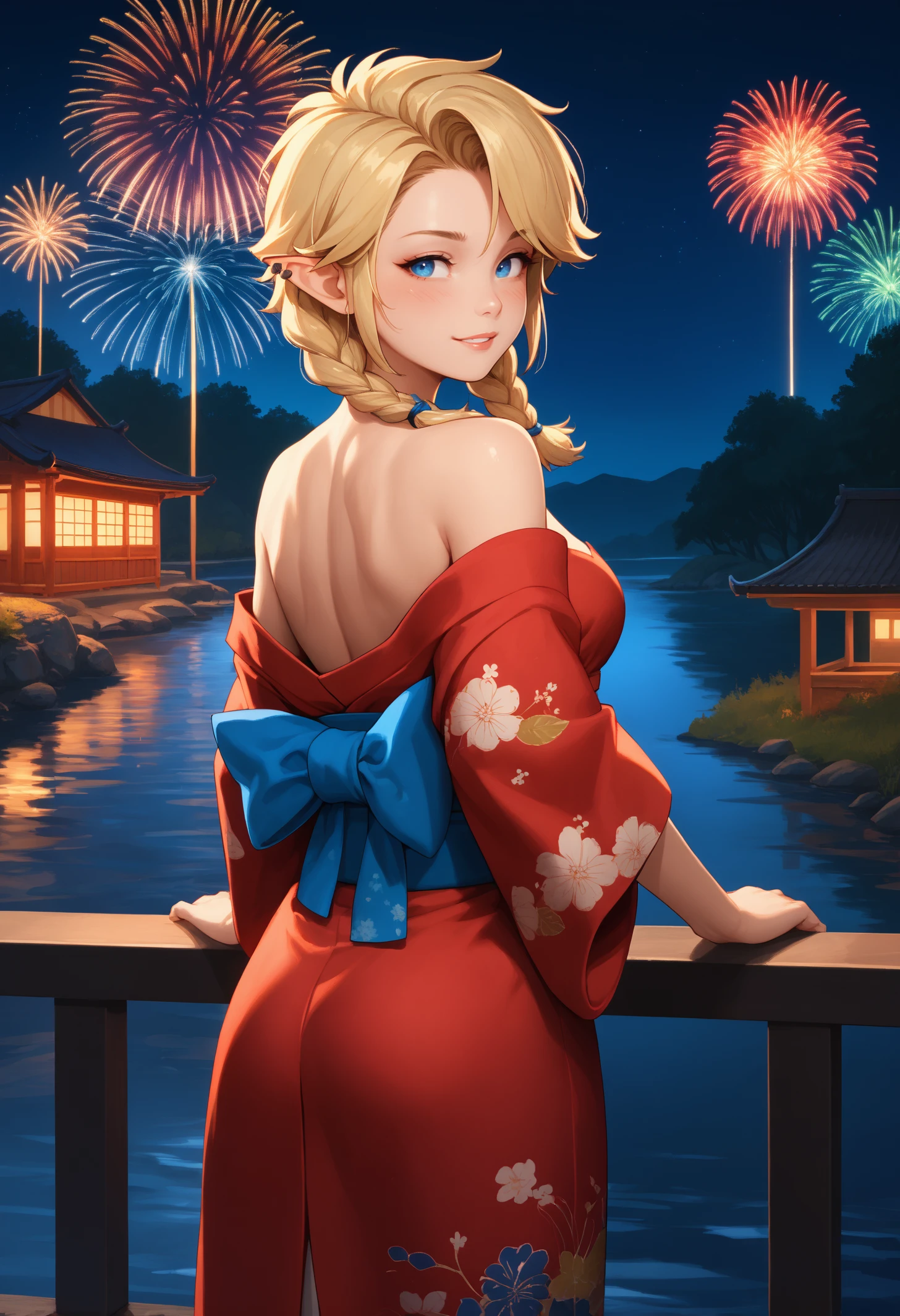 score_9, score_8_up, score_7_up, 1girl, sasro, pointy ears, blue eyes, ear piercing, blonde hair, medium hair, swept bangs, twin braids, medium breasts, toned, 
red kimono, off-shoulder kimono, 
looking at viewer, looking back, seductive smile, blush, parted lips, bedroom eyes, cowboy shot, rear view, railing,
outdoors, night, dark, fireworks, river,
<lora:Sassy-Ronin-PDXL_V1-Manityro-CAME:1.0>,