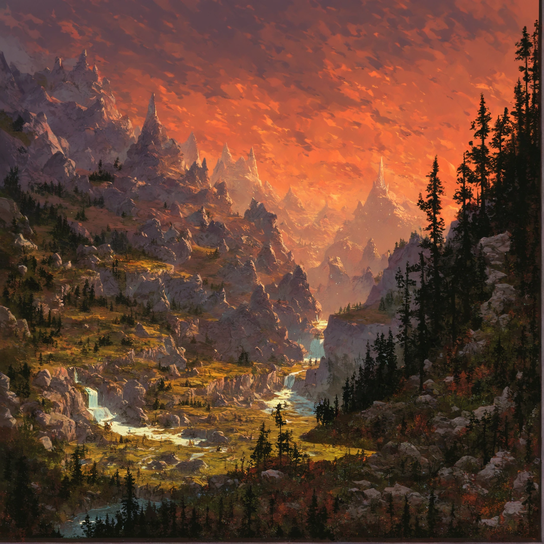 swamp, nature, fetid, landscape, scenery, red light, distant mountains, <lora:Ted_Nasmith_Style-Pony_XL:0.75>, BREAK score_9, score_8_up, score_7_up, best quality, masterpiece, 4k, prefect lighting, very aesthetic, anime, zPDXL2