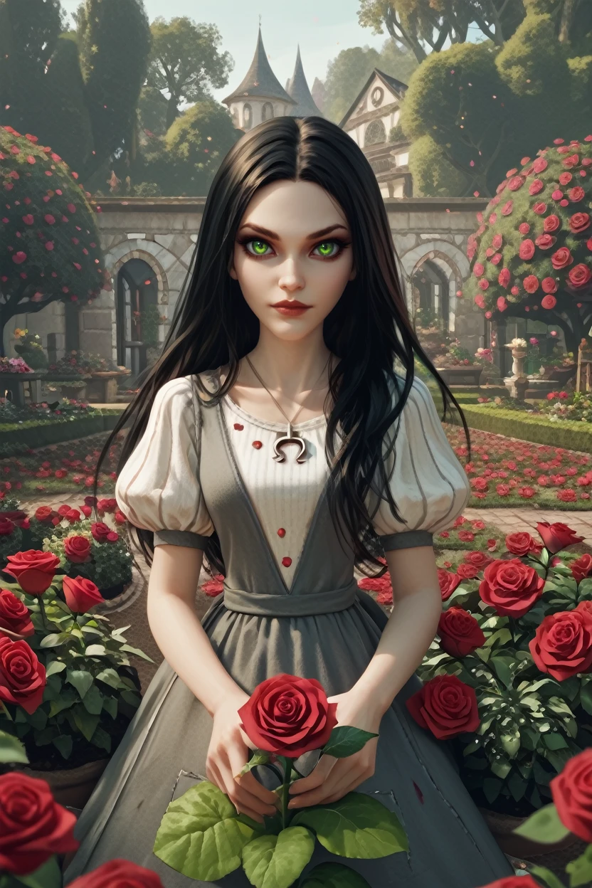 score_9, score_8_up, score_7_up, score_6_up
<lora:AliceMadness:1.0>
AliceMadness, 1girl, black hair, long hair, green eyes, looking at viewer, rose garden, gardening, floral background