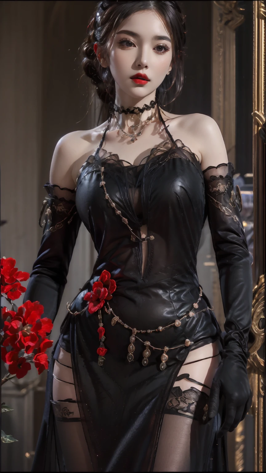 masterpiece,(bestquality),ultra-detailed,1girl,solo,hip up,upper body,<lora:ntmix1:0.7>,<lora:Midnight Kiss outfit:0.8>,Midnight Kiss outfit,black stockings,gloves,red flower,jewelry,string chain,purple piece of shirt,