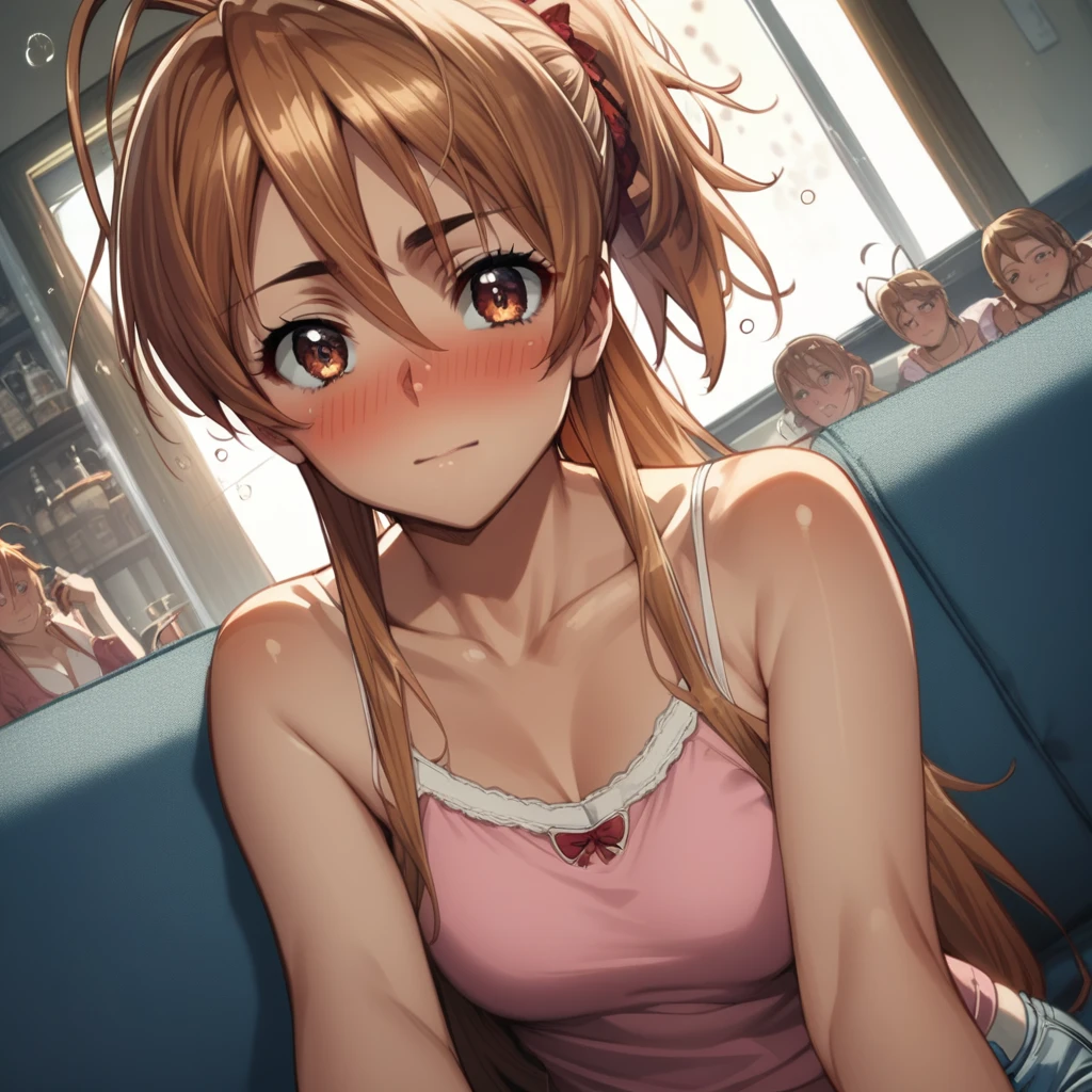 score_9, score_8_up, score_7_up, source_anime, reimiyamoto, rei miyamoto, long hair, brown hair, brown eyes, antenna hair, ponytail, camisole, pink camisole, collarbone, bare shoulders, shorts, indoors, sofa, sitting, drunk, blush, looking at viewer, cowboy shot, dutch angle,