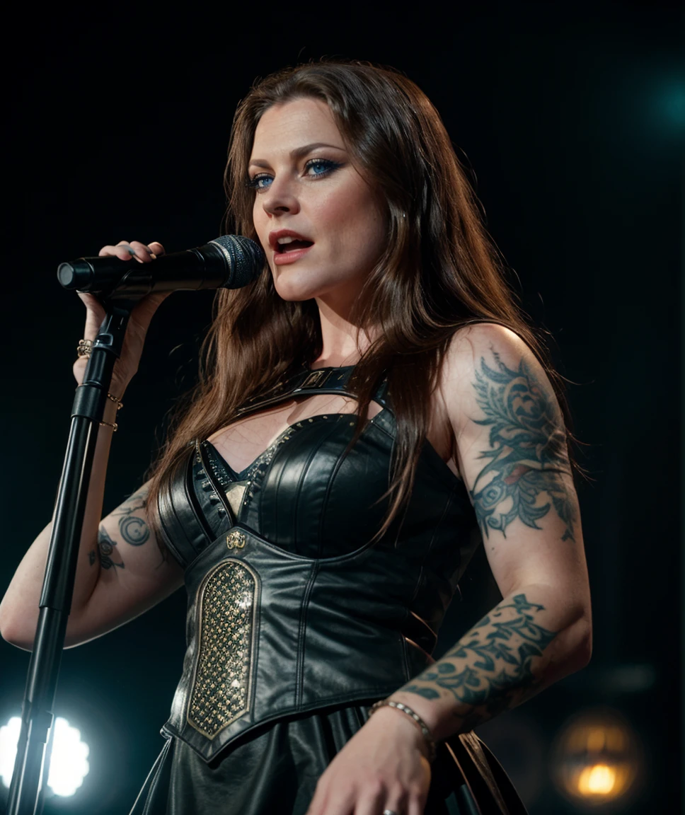 cinematic film still  <lora:quiron_FloorJansen_v050320_Lora:0.77> floorJansenQuiron, long hair, looking at viewer, lips, blue eyes, tattoo, 1girl, solo, (cinematic shot),   centre stage holding a microphone mouth wide open eyes shut singing into the microphone, . shallow depth of field, vignette, highly detailed, high budget Hollywood movie, bokeh, cinemascope, moody, epic, gorgeous, film grain, grainy