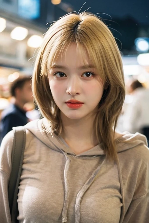 masterpiece, best quality, ultra-detailed, ultra high res, (photorealistic:1.4), raw photo, (realistic:0.2), 8k HDR, realistic lighting, looking at viewer, 1girl, solo, asymmetrical blonde hair, outdoor, sky, (traditional market:1.2), bokeh, (detailed lips), (detailed pores), (detailed skin textures), (detailed face:1.2), (body:1.2), a woman in a hoodie, cowboy shot,