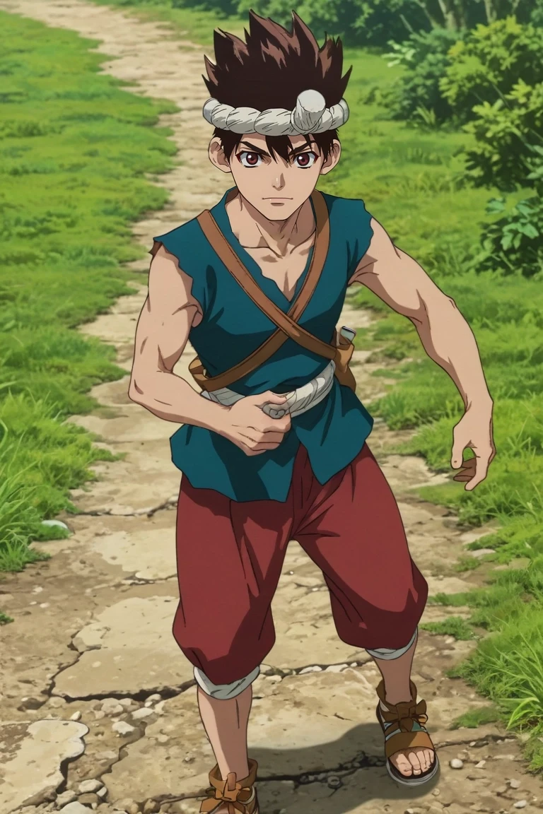 score_9, score_8_up, score_7_up, source_anime, rating_safe, , anime screencap, , official style, , depth of field, 1boy, solo, male focus, <lora:chrome_dr_stone_pony:0.76>, chrome_dr_stone, brown hair, brown eyes, short hair, spiked hair, headband, wide angle, wide shot, full body, atlantis, dusk, one leg up, skin fang, , <lora:sdxl_lightning_8step_lora:1>