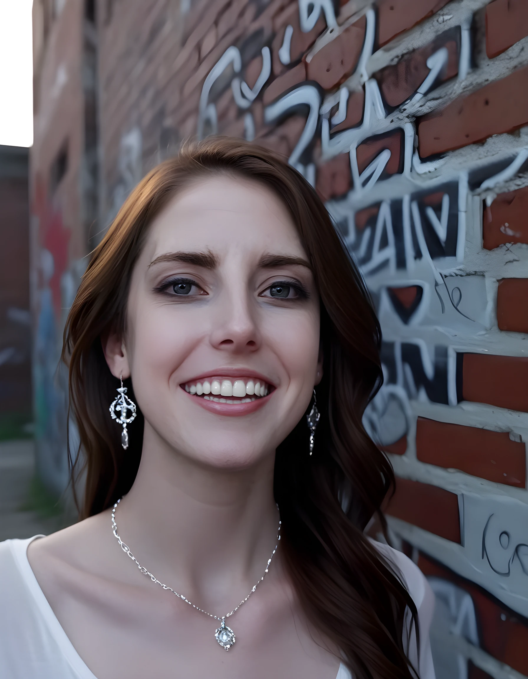 In a surreal, ethereal noir setting, the captivating L41N4, with her long, cascading brown hair adorned with intricate silver earrings and a dazzling necklace, stands solo against a graffiti-laden brick wall in an abandoned, foggy cityscape. The camera is positioned at a low angle, casting dramatic shadows beneath her eyes as she gazes directly into the lens, revealing her pearly white teeth in a radiant smile that seems to illuminate the dark surroundings, creating a striking contrast between light and shadow, hope and despair, reality and fantasy.